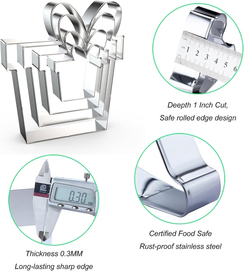 QAAQS Gift Present Box Cookie Cutter Set Large - 5", 4", 3", 2" - 4 Piece - Stainless Steel - Image 3